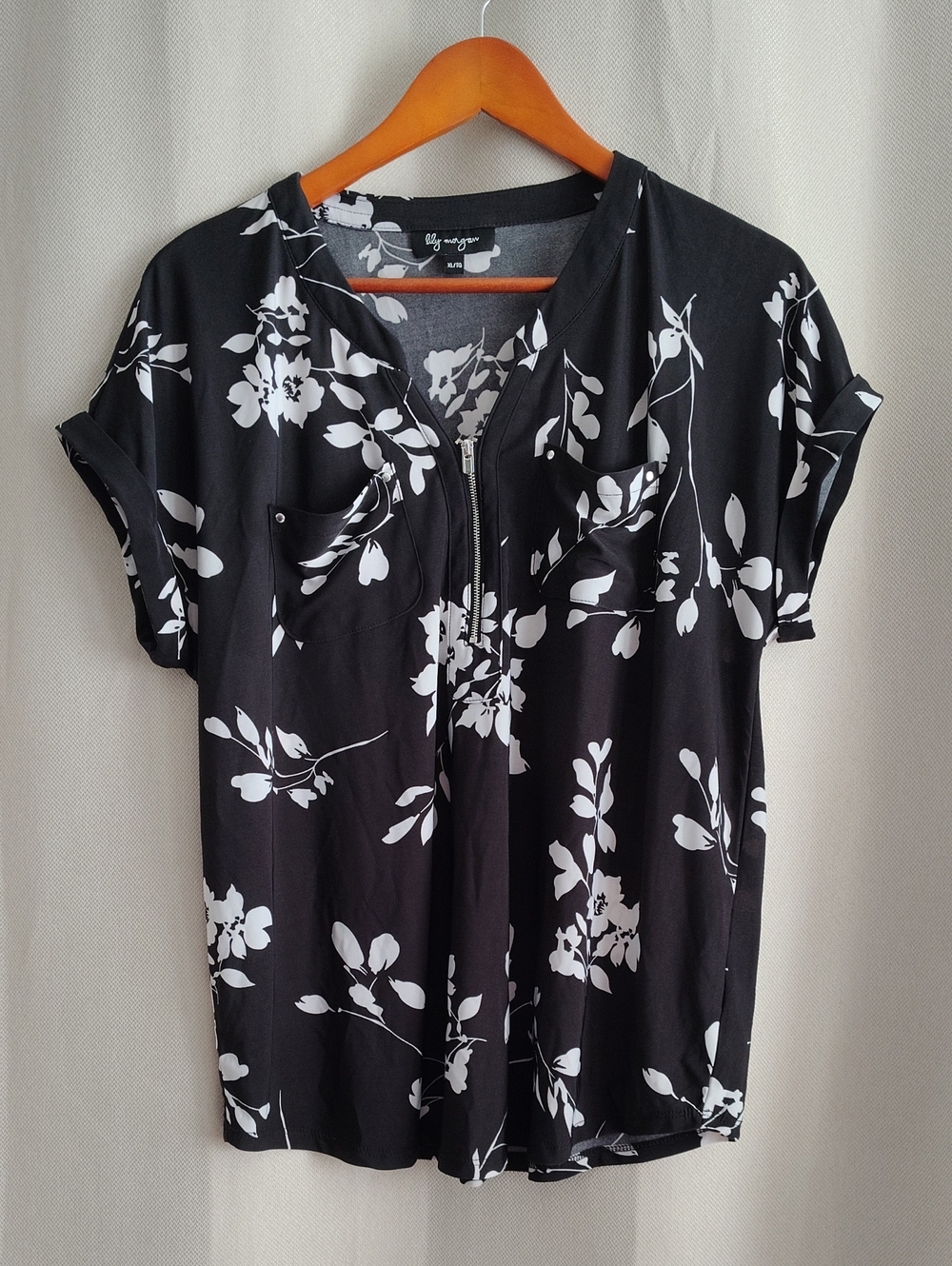 LILY MORGAN Black & White Floral Zip-Front Top